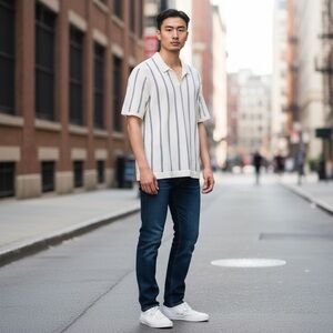 Holistic Off White Knit Polo Stripe Pointelle Knit Collared Cotton Blend XL